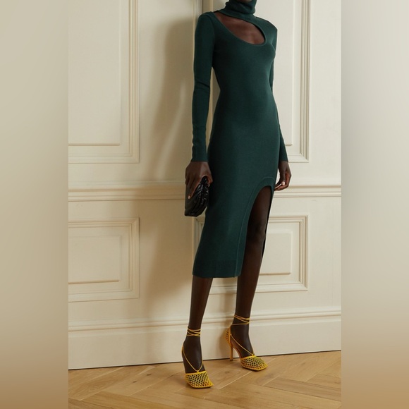 Mone Merino wool green midi length dress size L for holiday parties
